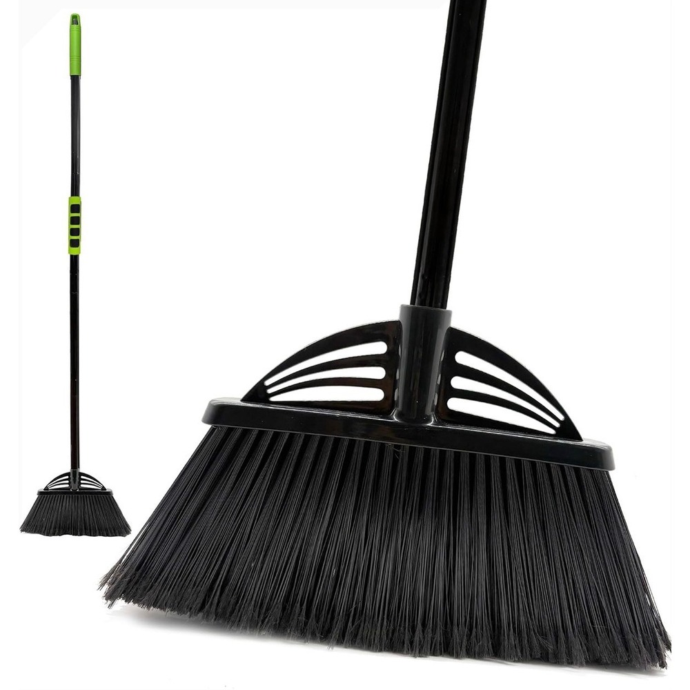 Adjustable Angled Broom 63 Inch Long Handle 35cm Wide Head Black Green